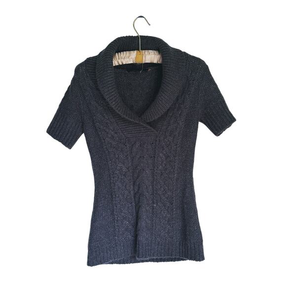 BCBGMAXAZRIA Short Sleeve Cable Knit Cowl Neck Sweater Gray Small Cozy Career - Picture 2 of 8
